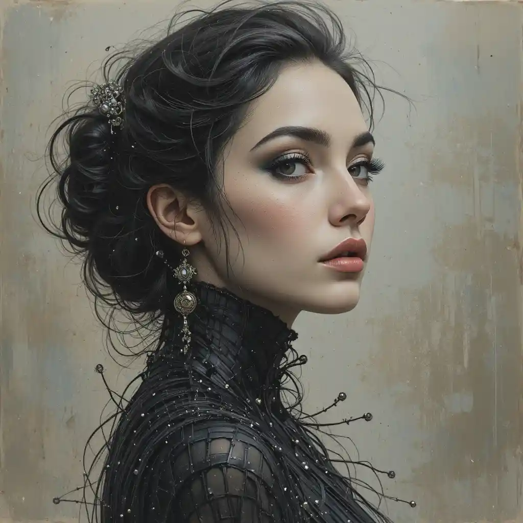 Femme fatale in oceanic couture chalk portrait artwork