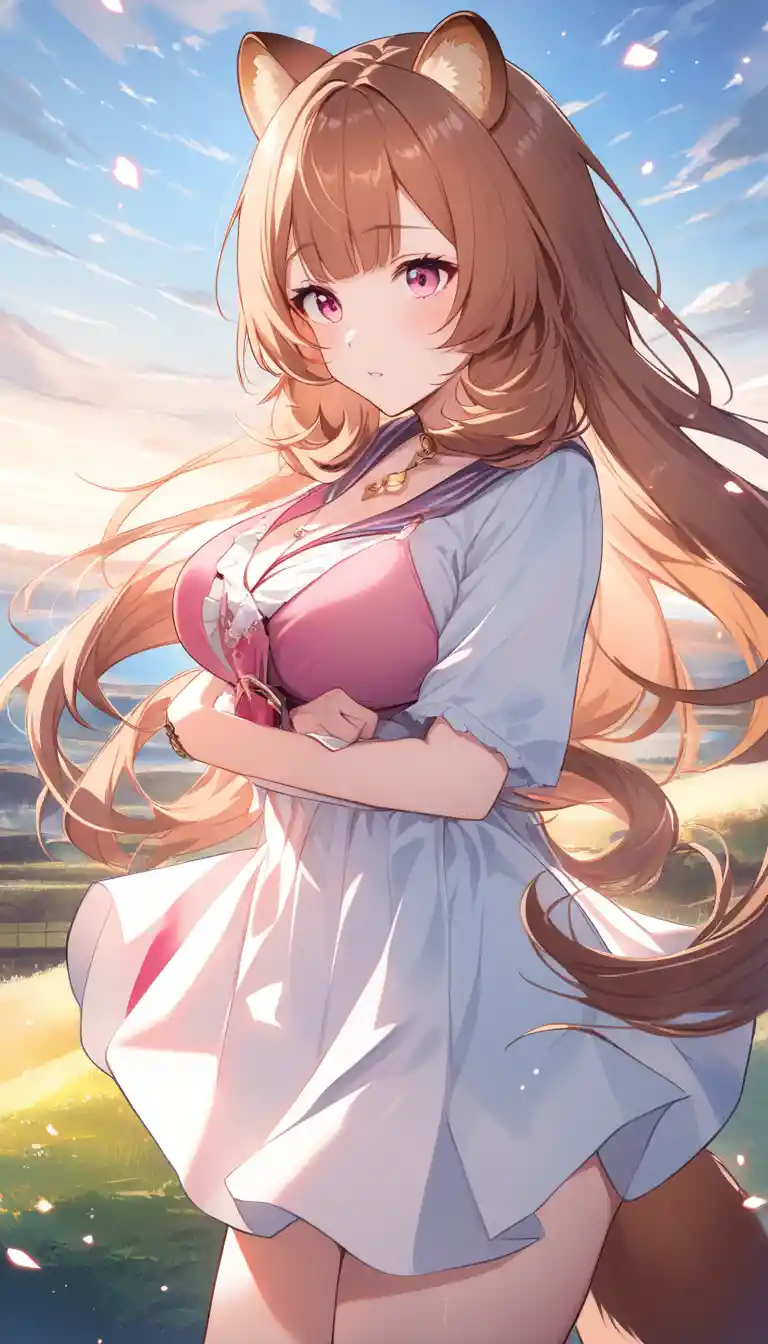 白いドレスで空に浮かぶアニメのアライグマ少女