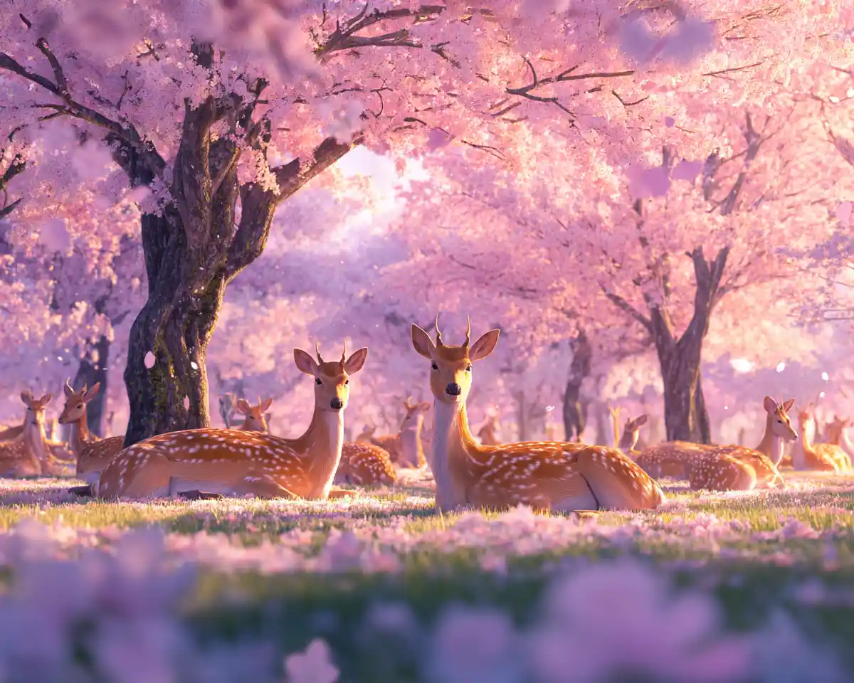 Anime deer resting under cherry blossoms in a tranquil park