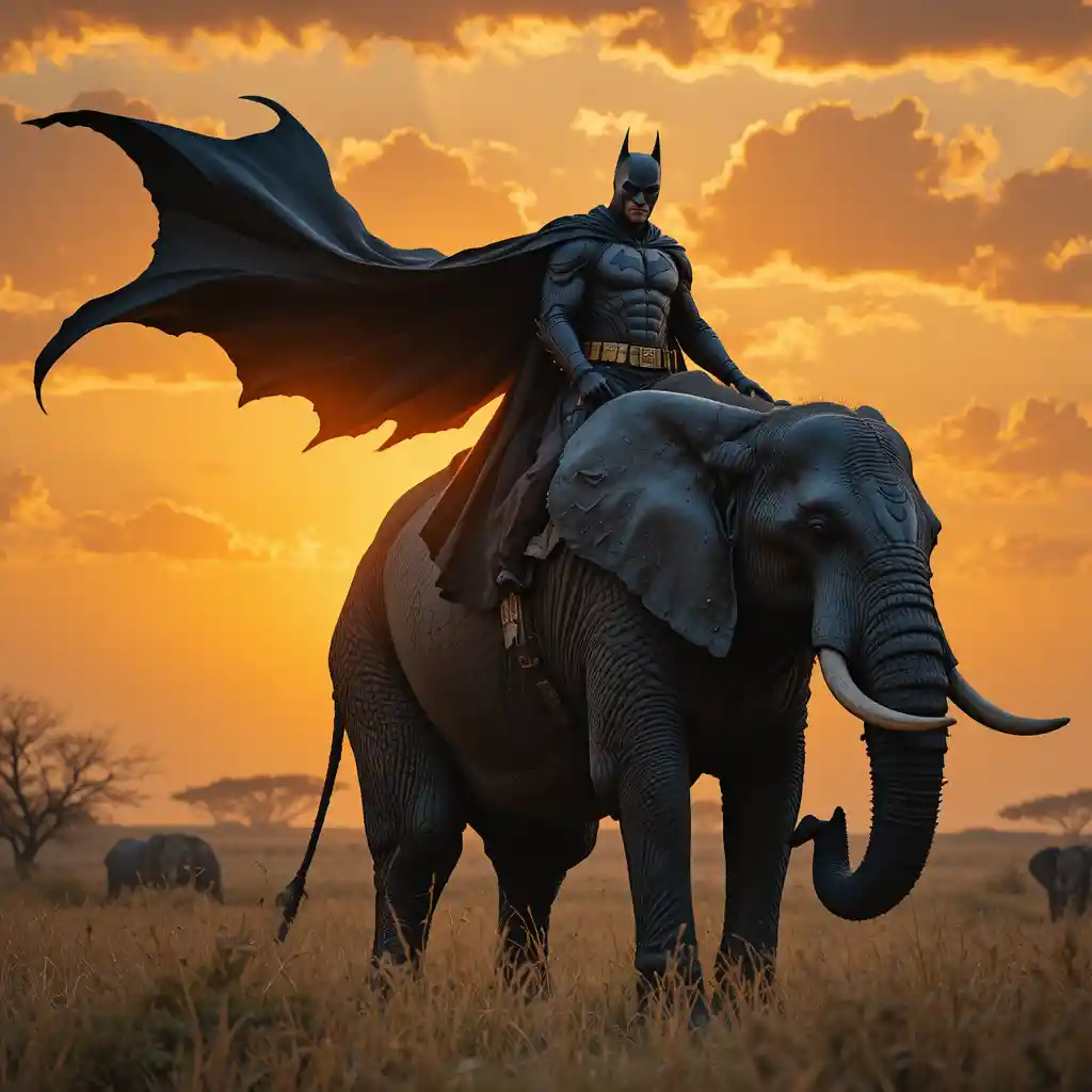 Cavaliere oscuro che cavalca un elefante al tramonto dorato della savana
