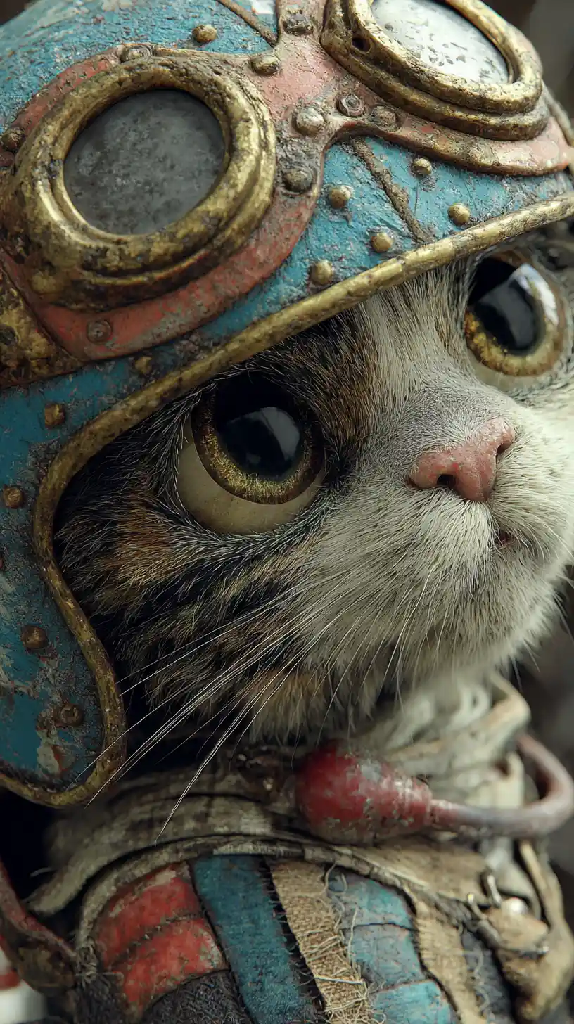 Fantasy cat riding a motorcycle in hyperreal collage