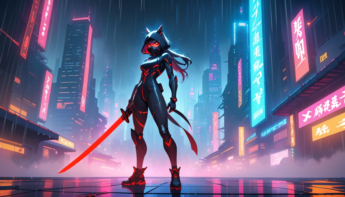Asesino ninja futurista en una azotea de neón bajo la lluvia