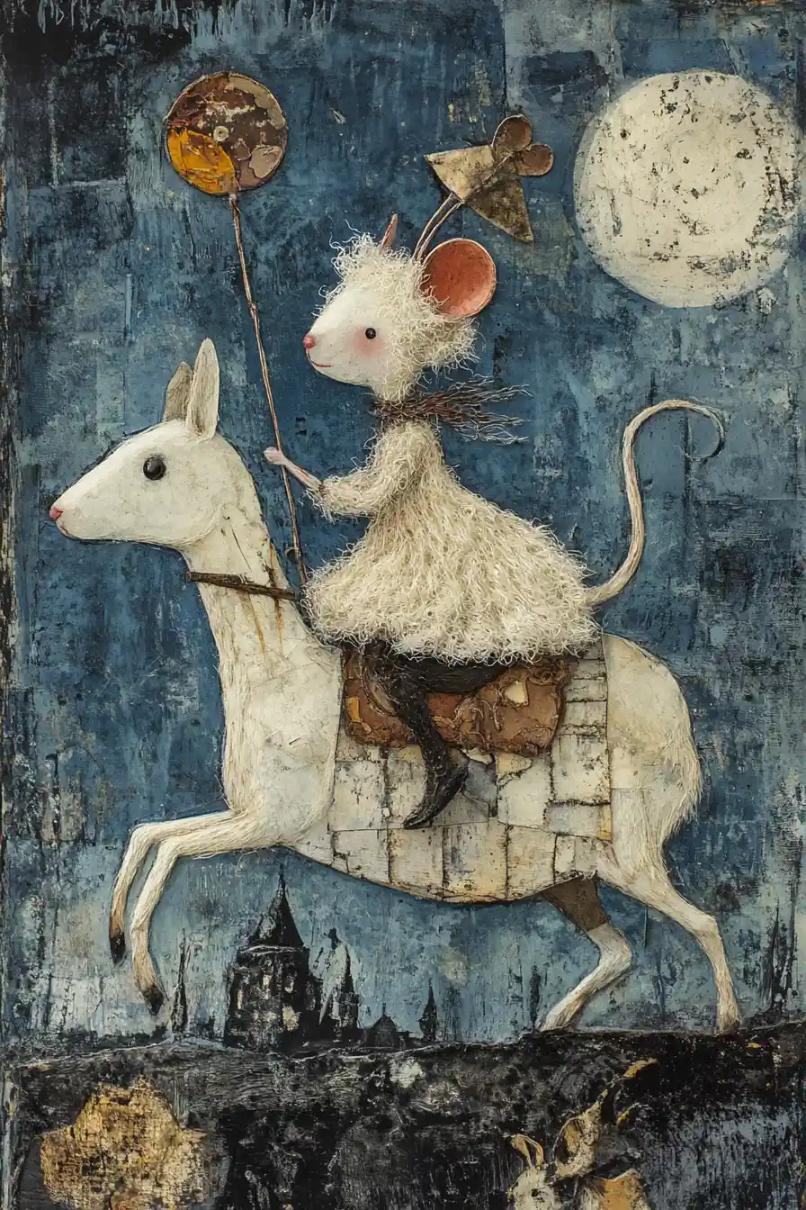 Joyful cat lady riding a galloping sheep in woolen clothes