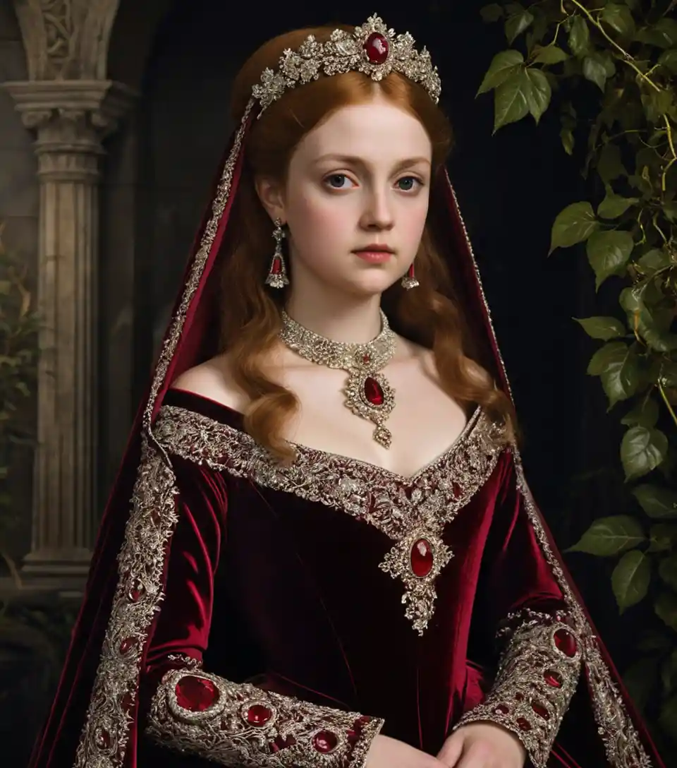 Vampire queen regent in crimson gown with golden circlet