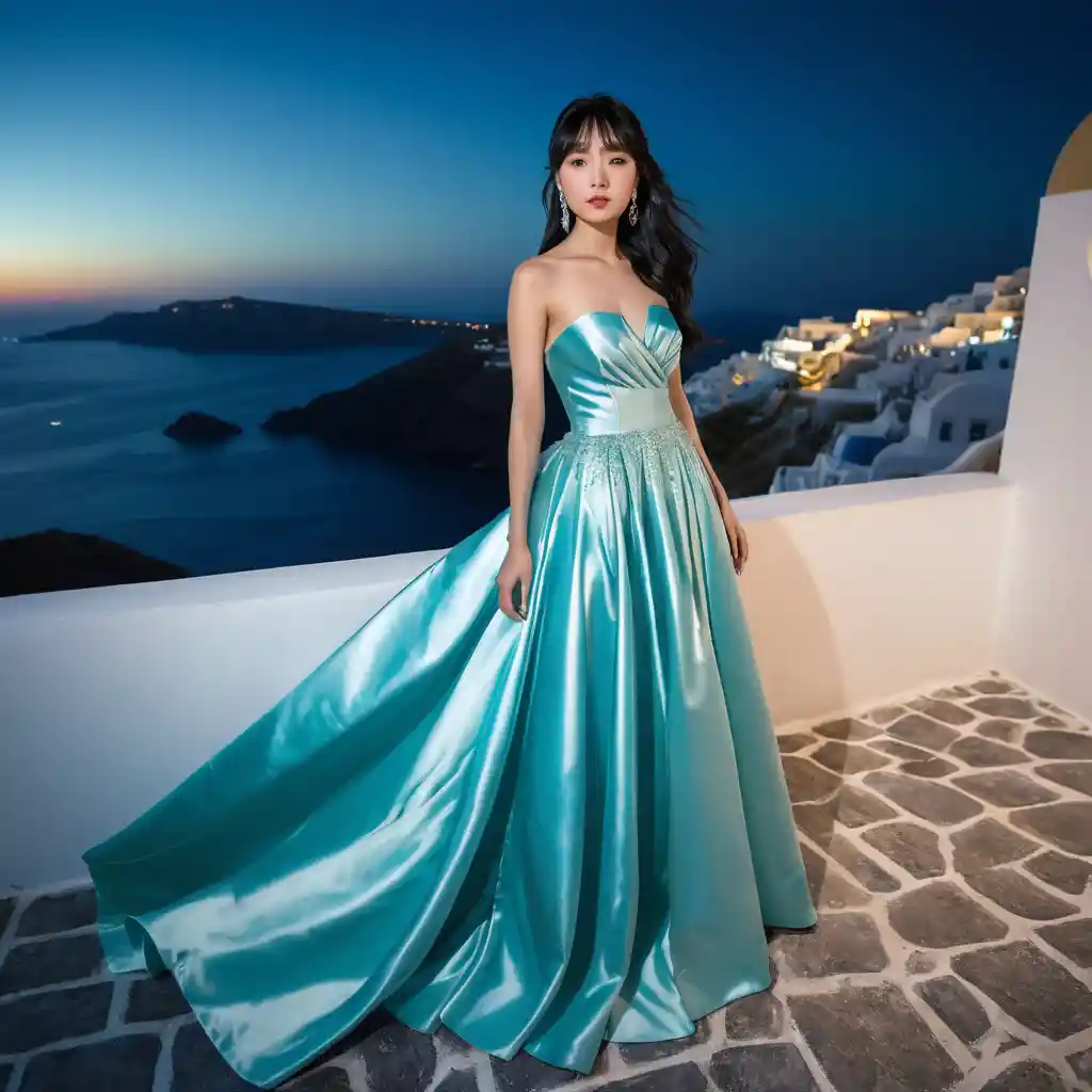 Elegant young woman in satin gown in Santorini at night