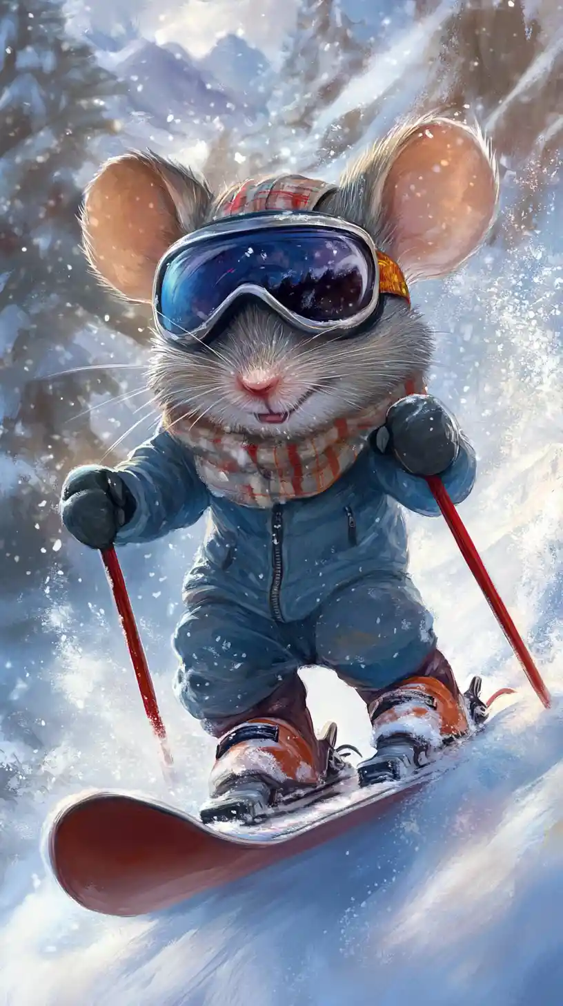 Cute skiing mouse with goggles in snowy winter landscape