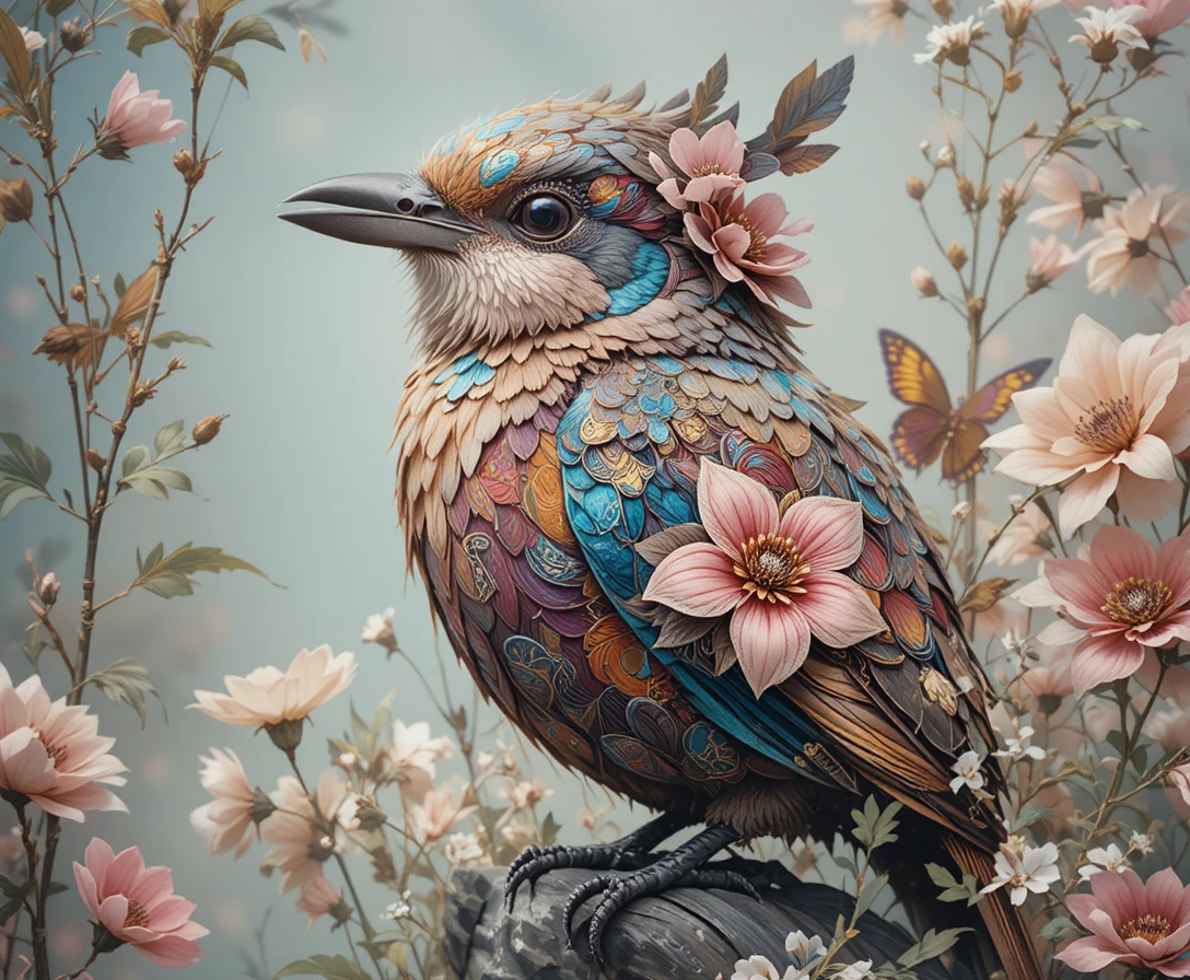 装飾的な花の要素をあしらったネオトラディショナルな鳥のイラスト