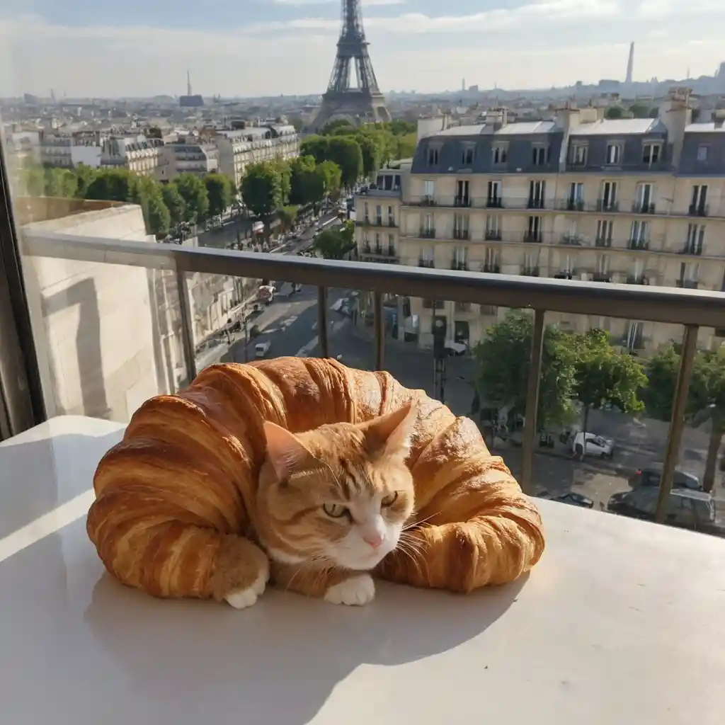 Cat resting on a table with the Eiffel Tower view