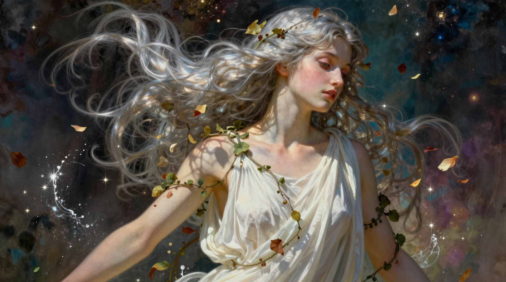Flirtatious silver haired nymph in white toga with falling petals