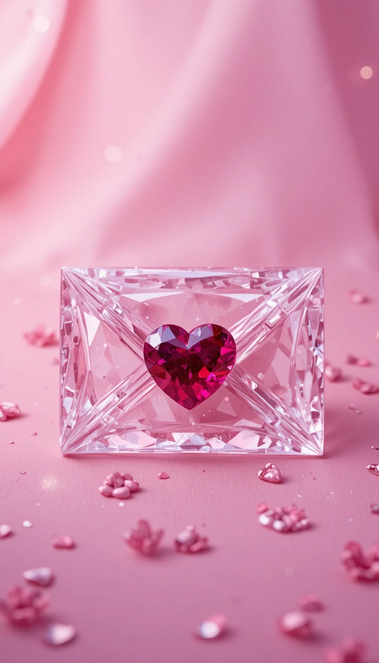 Crystal envelope with ruby heart on soft pastel background