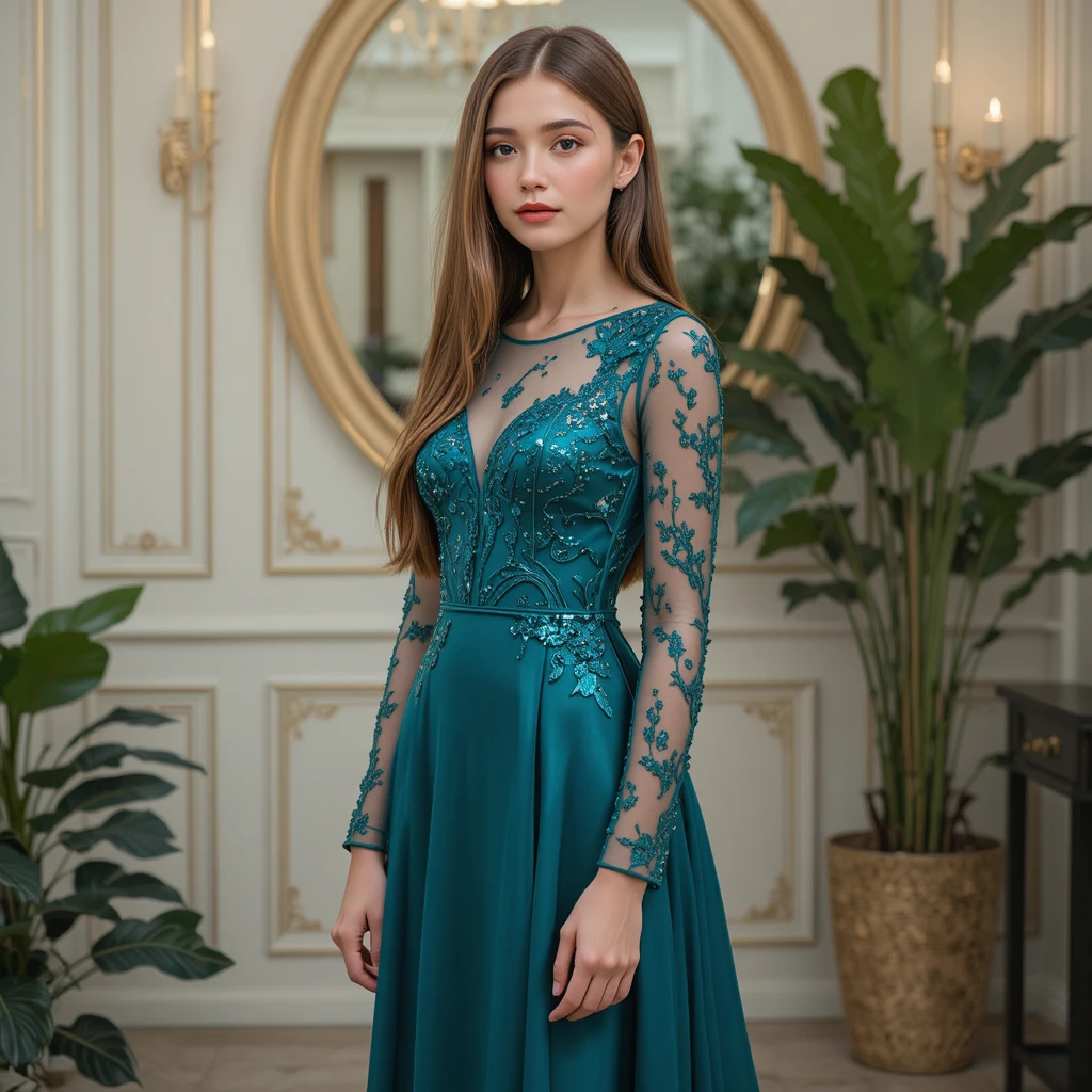 Teen girl in teal gown in an elegant interior
