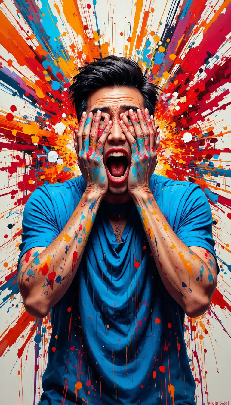 Man covering his face amid chaotic abstract color explosion