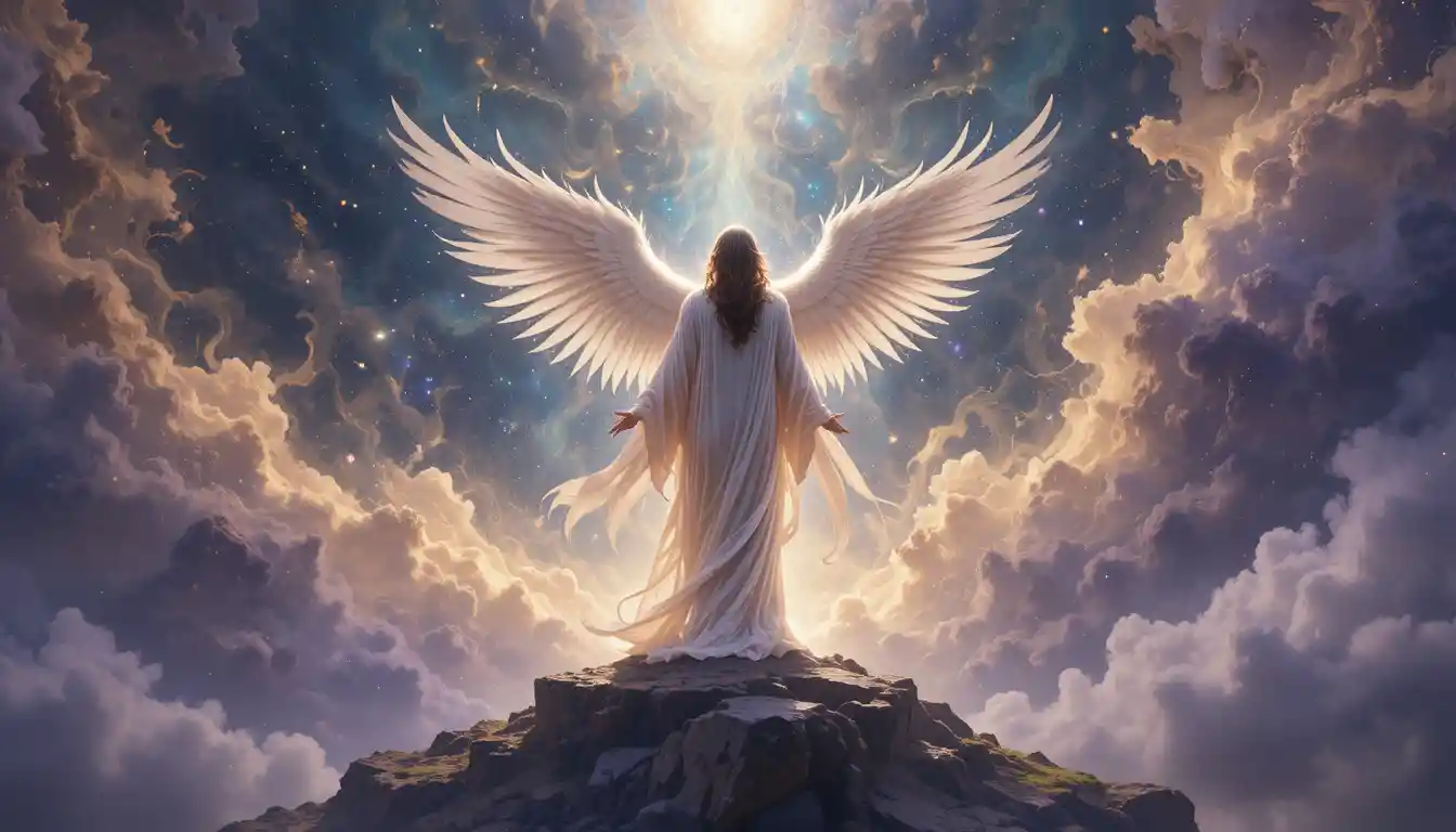 Angelic figure on a crystal platform above a glowing nebula