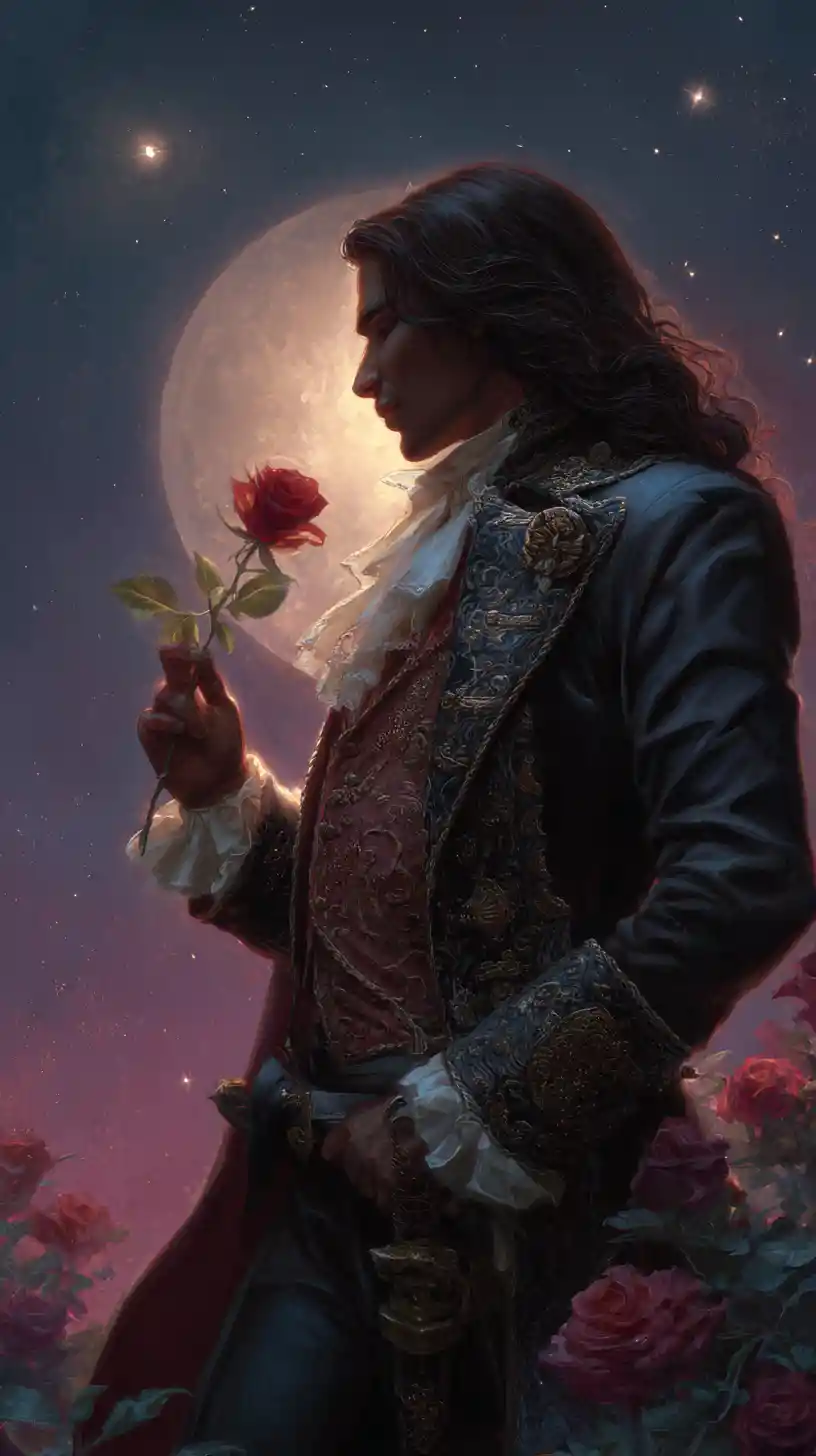 Steampunk man holding a red rose under a starry moonlit sky