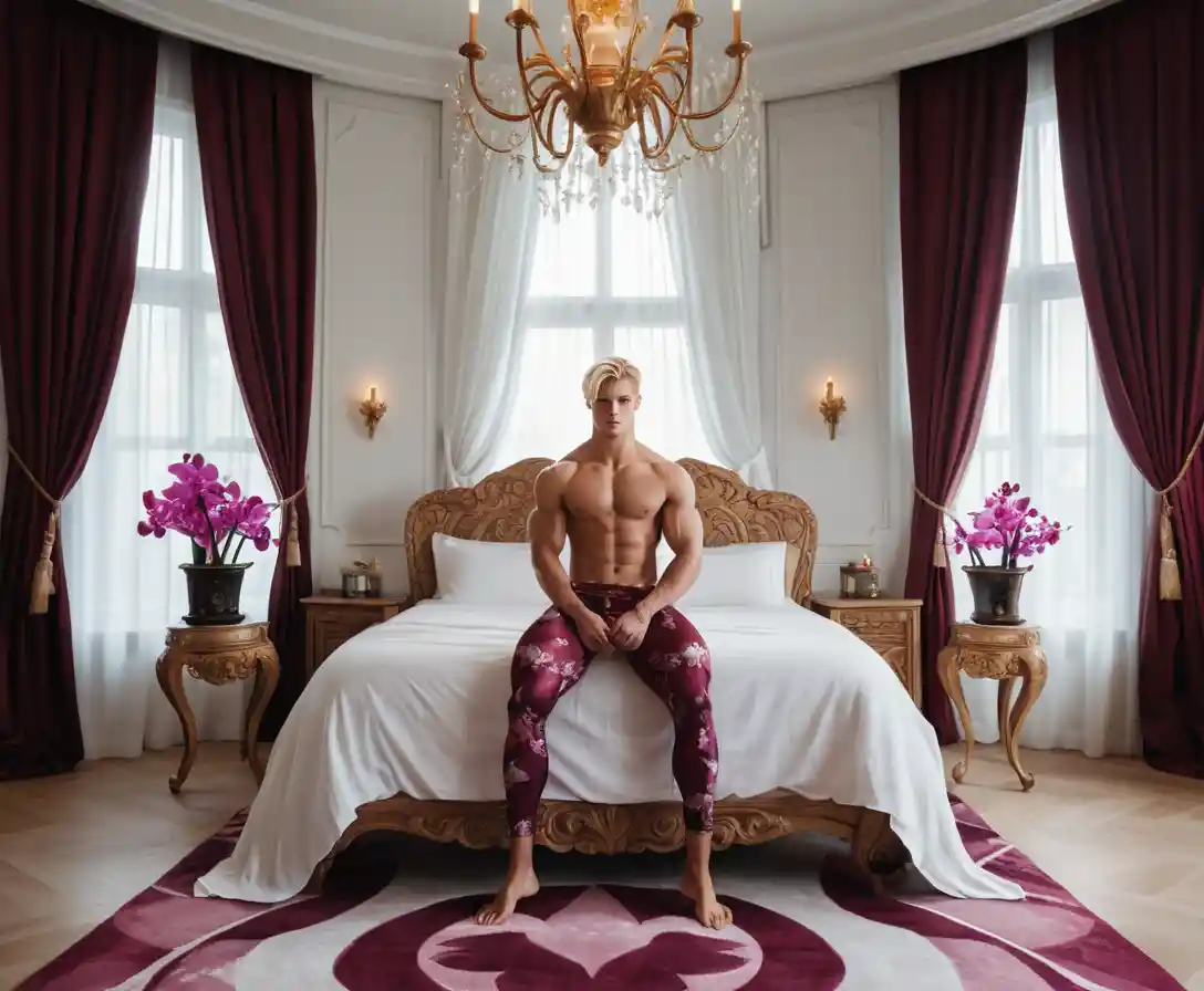 Giovane biondo in leggings in una camera da letto di lusso