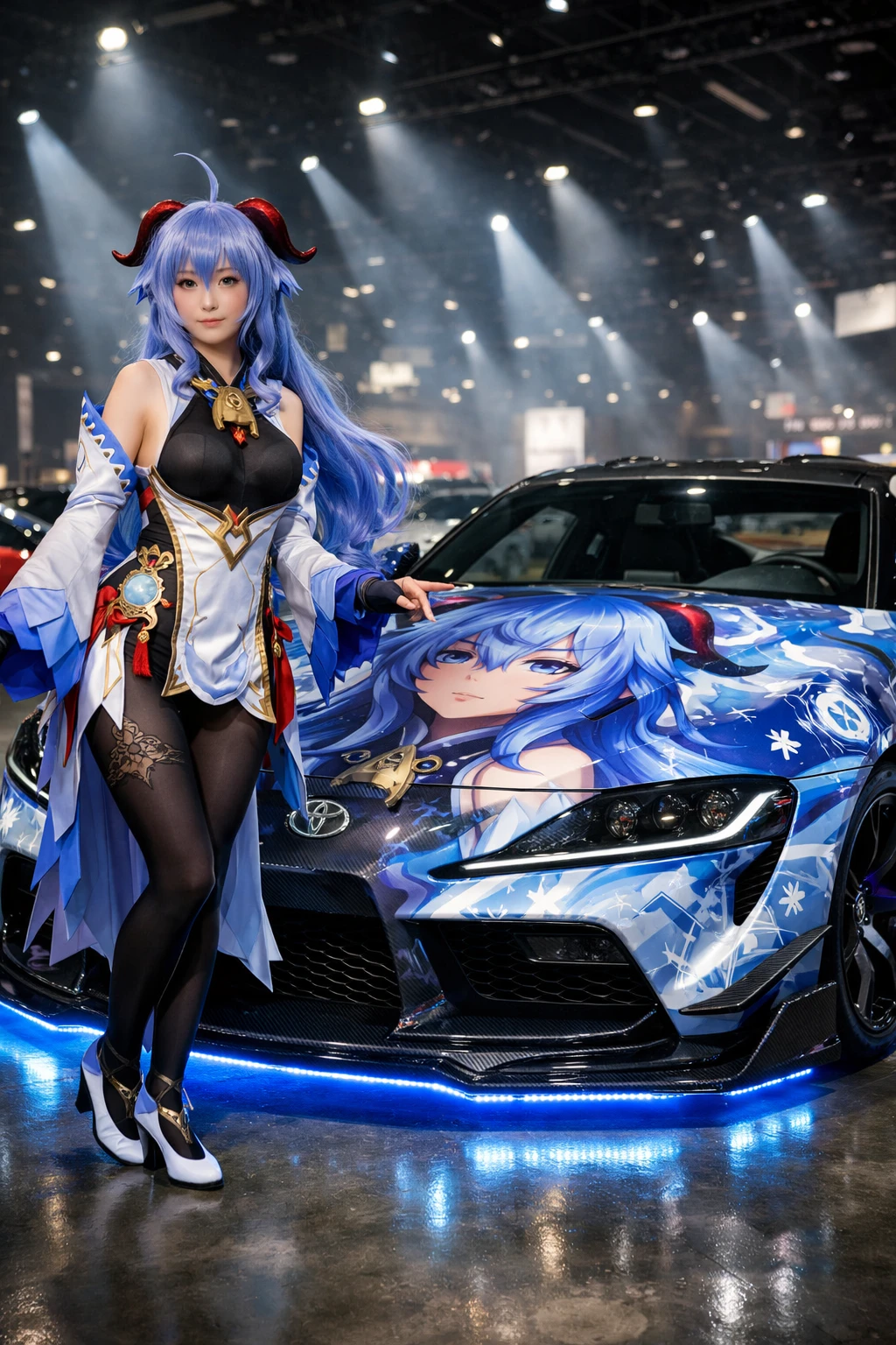 Cosplayer Posing Beside Customized Sports Car At Auto Show