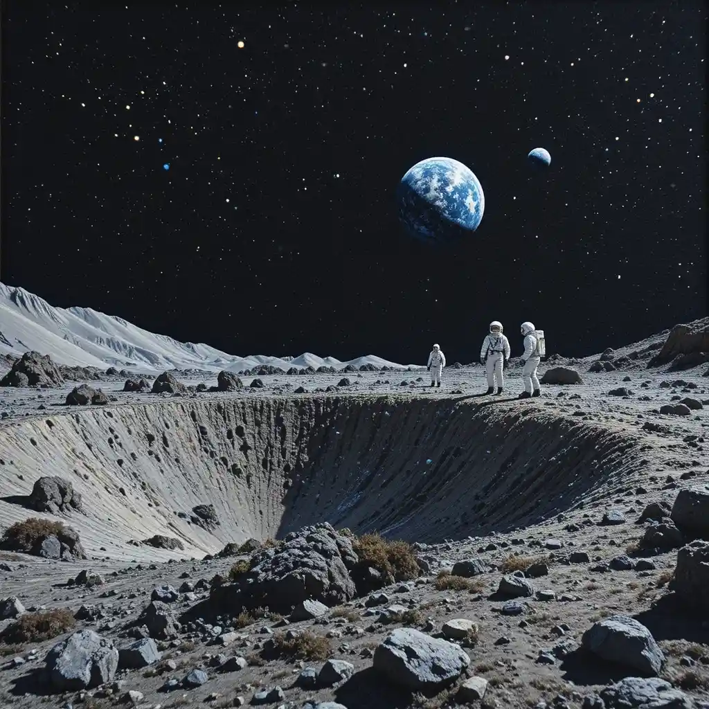 Astronautas sobre un cráter lunar tejido bajo el brillo distante de la Tierra