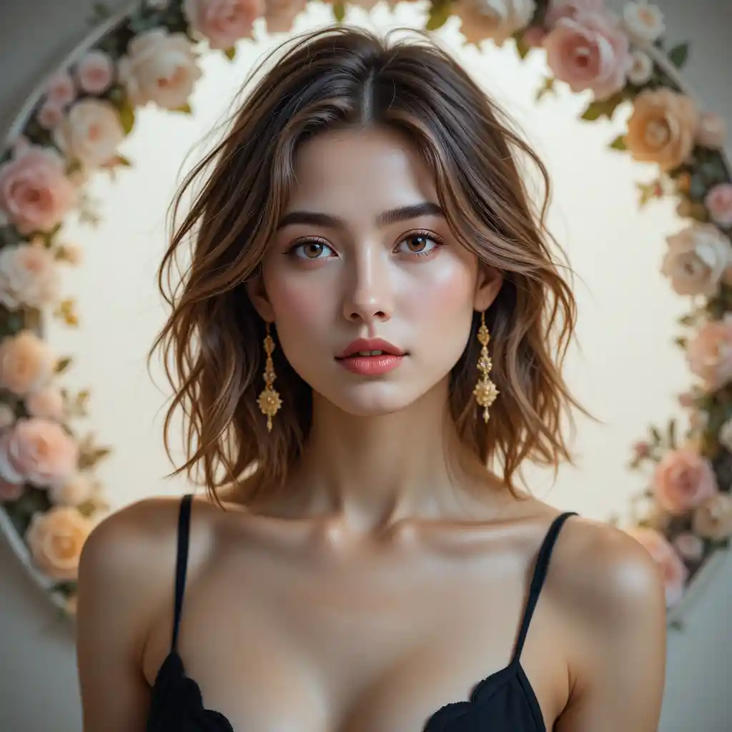 Young woman portrait with floral circular frame