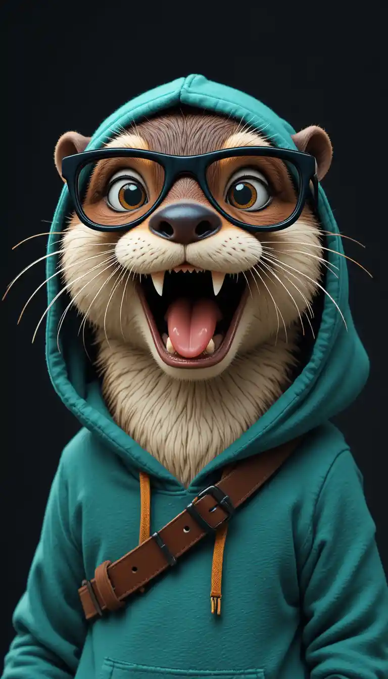 Goofy cartoon otter in hoodie with oversized glasses