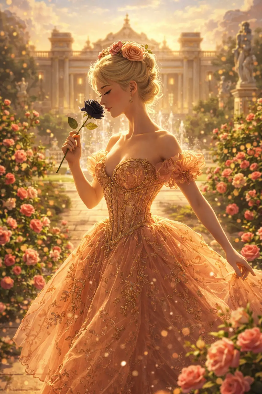 Elegant anime noblewoman walking through a rococo rose garden