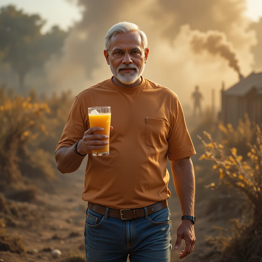 Confident man with sugarcane juice in rural farmland path
