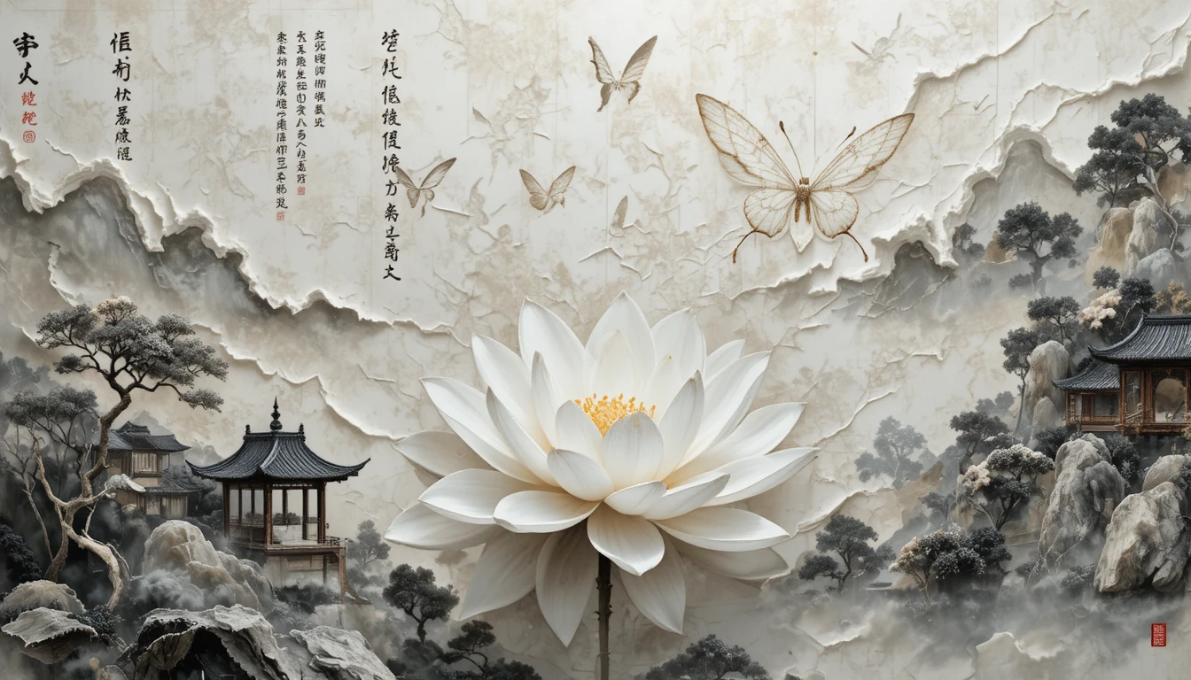 Minimalist white lotus with butterfly over abstract manuscript