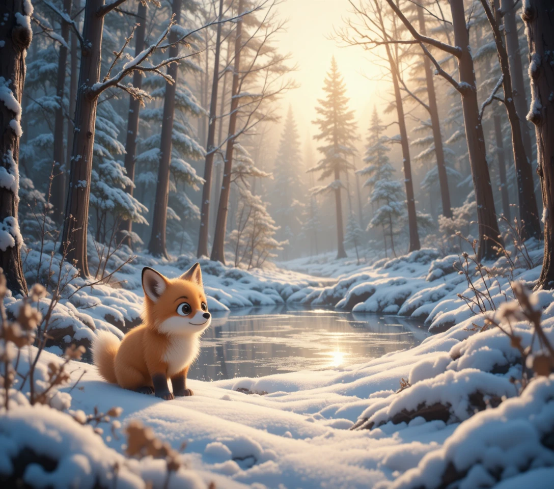 Curious fox cub exploring a snowy winter forest pond