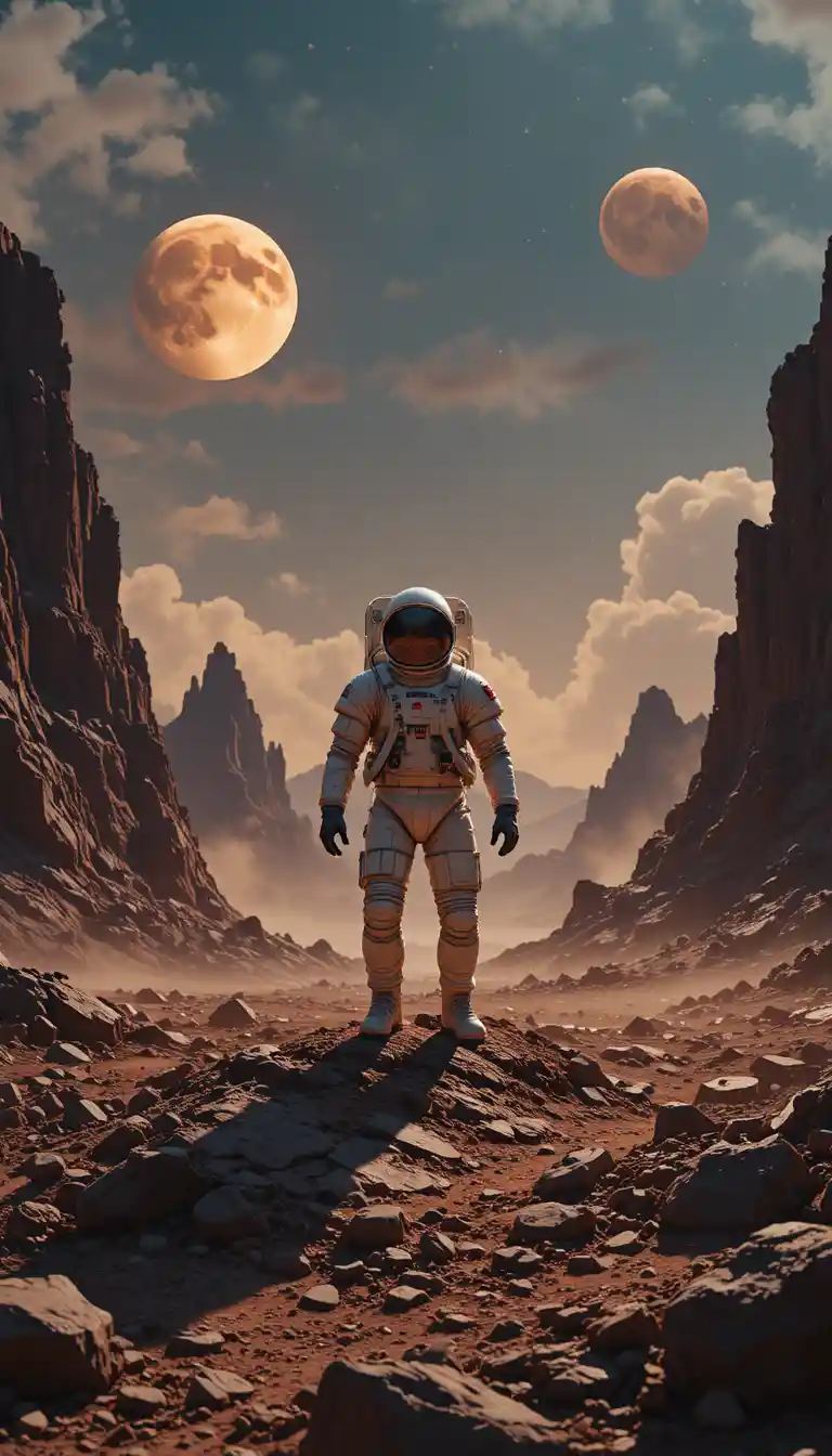 奇異天空與多月之下的外星行星宇航員