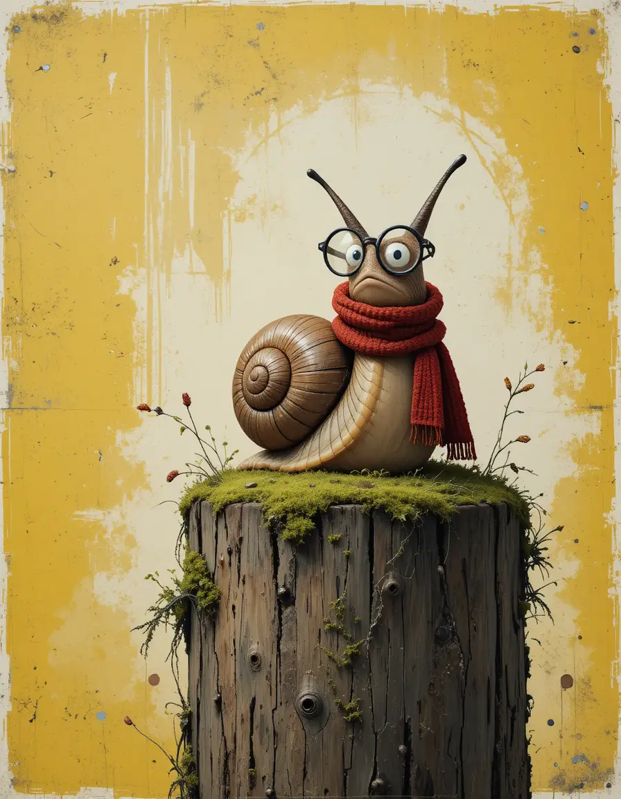 Whimsical snail with glasses on mossy wooden post
