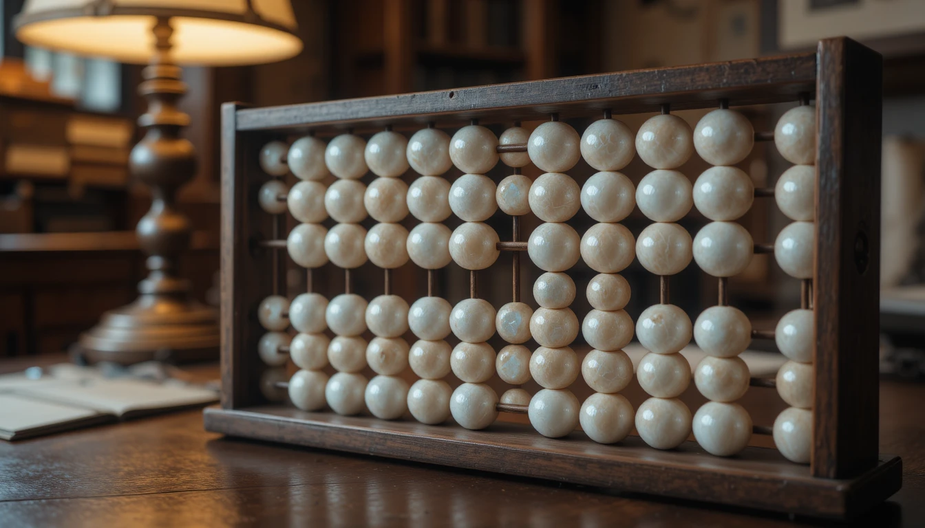 Row of mother of pearl abacus beads in warm office