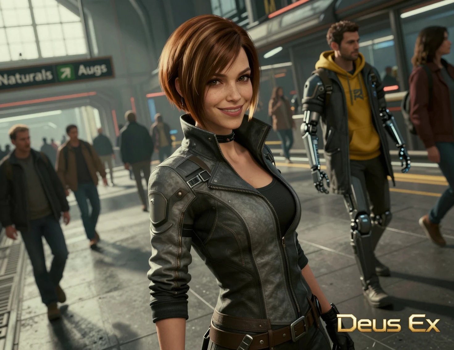 Femme cyborg dans une gare futuriste avec des voyageurs