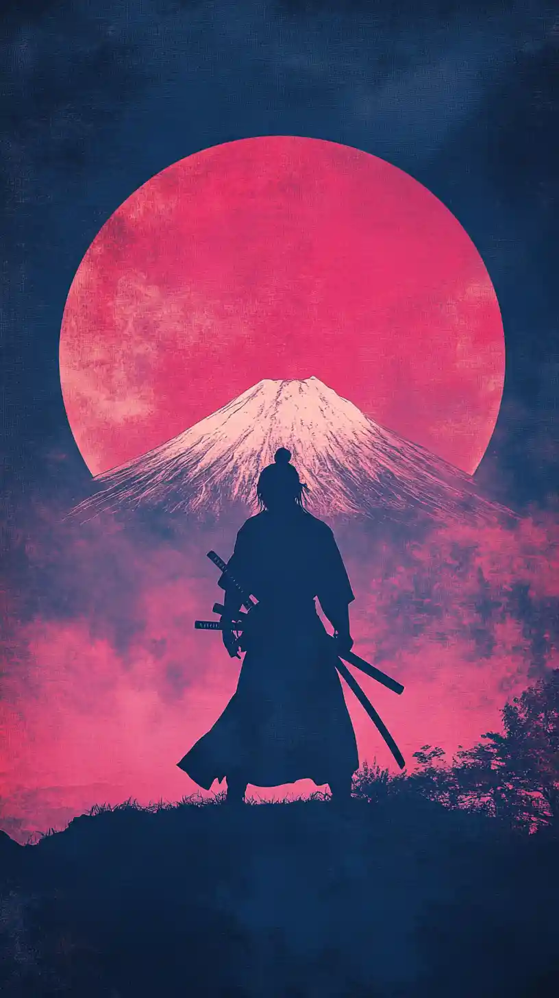 Solitary samurai before a crimson moon and Mount Fuji