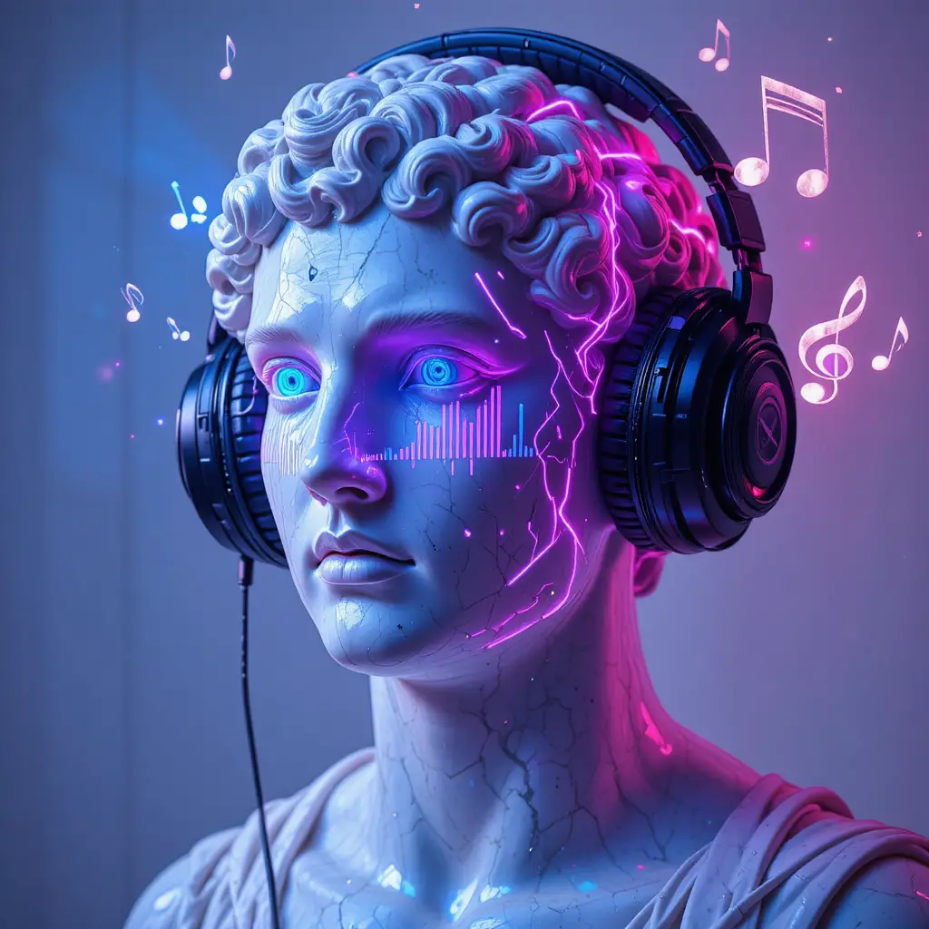 Marble bust with neon anime hologram and headphones