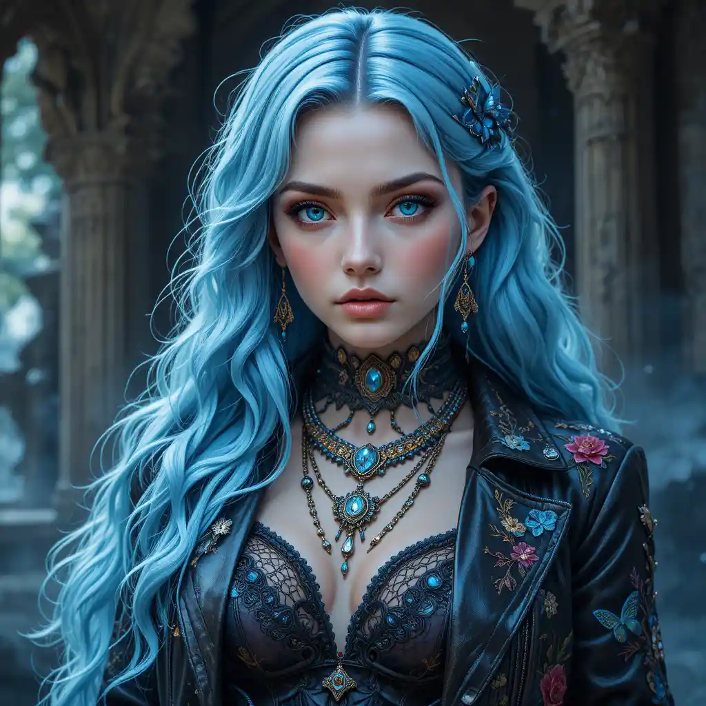 Blue haired fantasy girl in ornate leather jacket