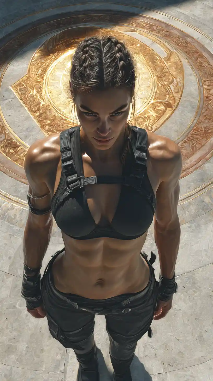 Divine female warrior in a sunlit gladiatorial arena