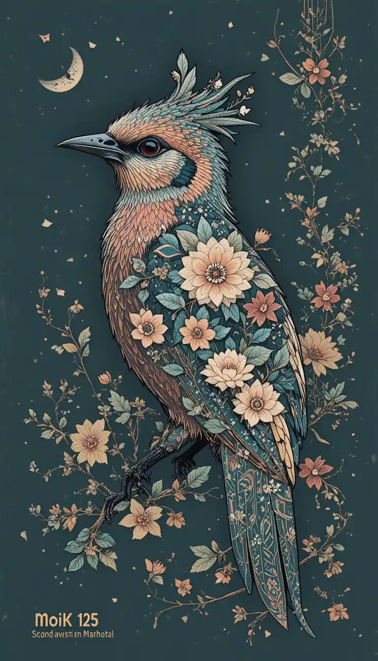 Neotraditional bird illustration with elegant floral details