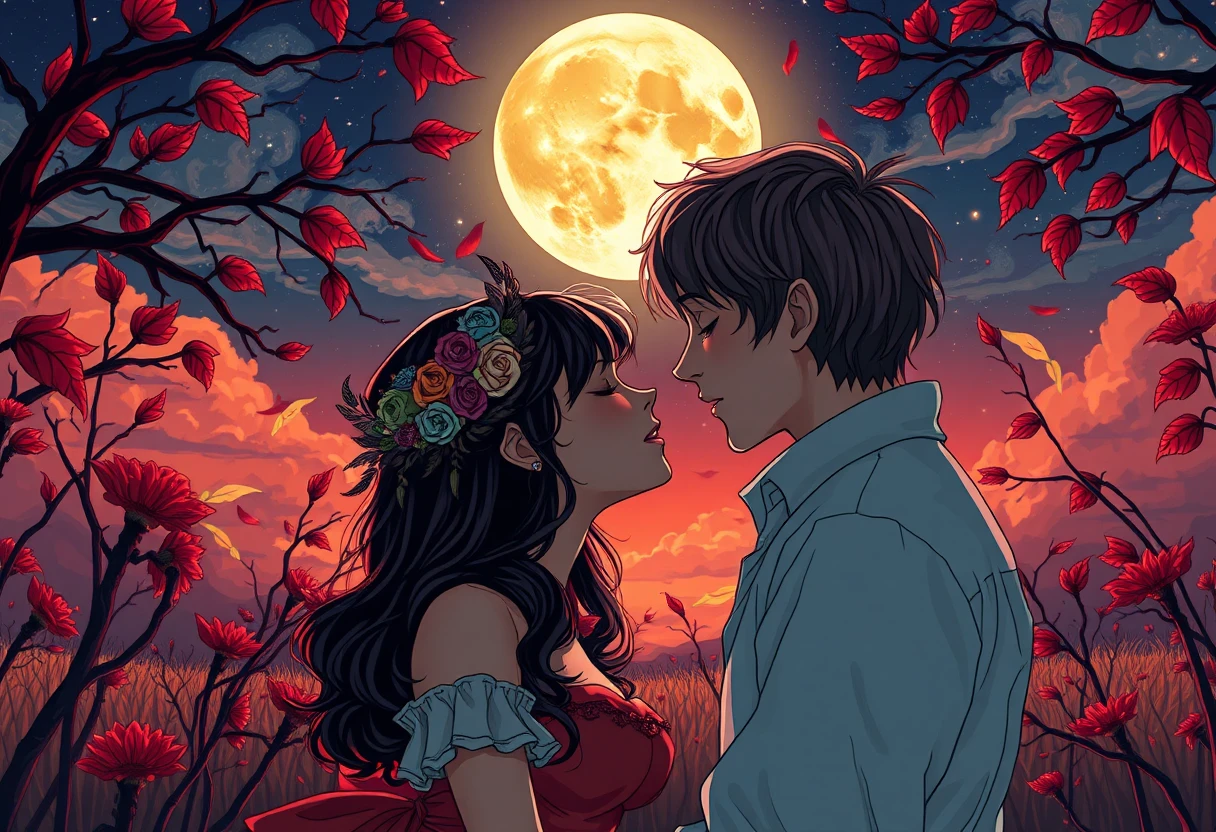 Tender surreal moment beneath a glowing harvest moon