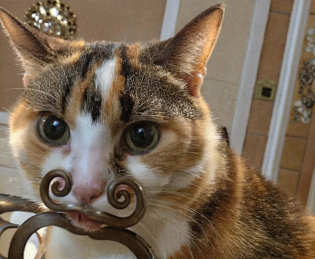 Calico cat with metal mustache illusion in close up