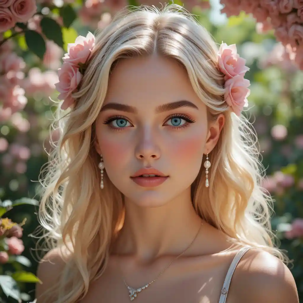 Romantic close up portrait of a blonde girl in garden