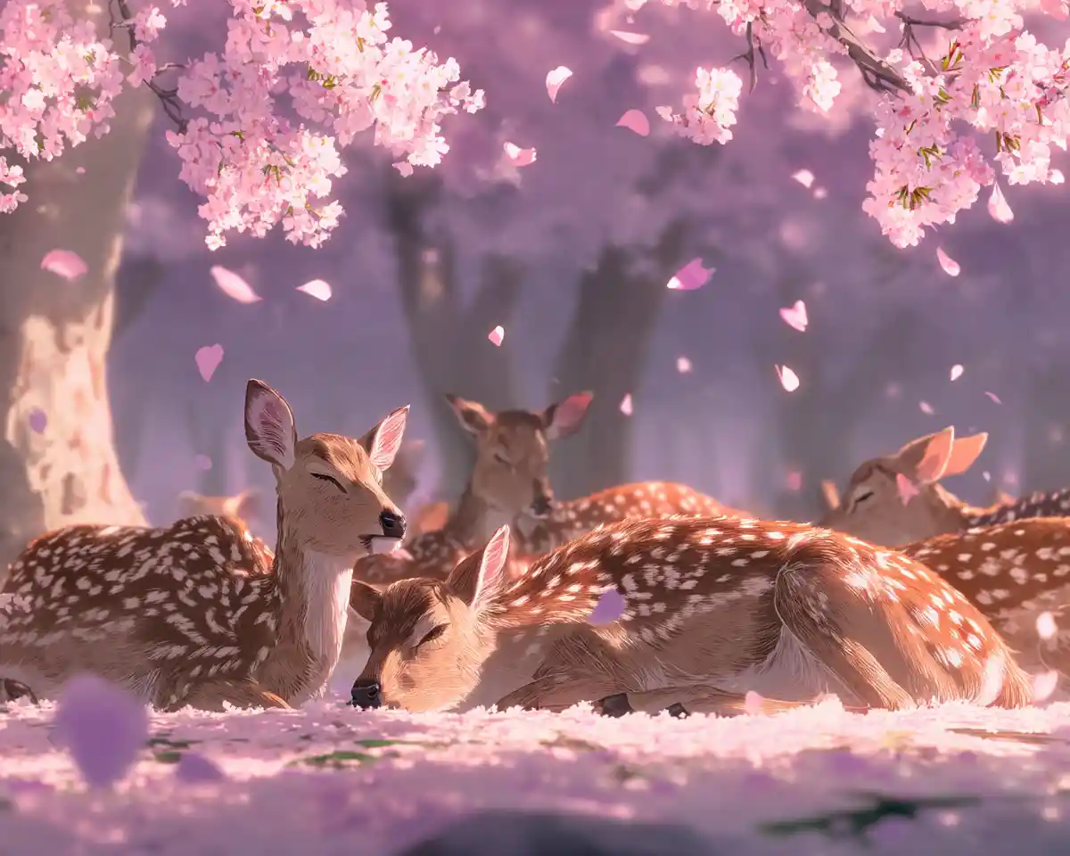Anime deer resting under cherry blossoms in Nara Park