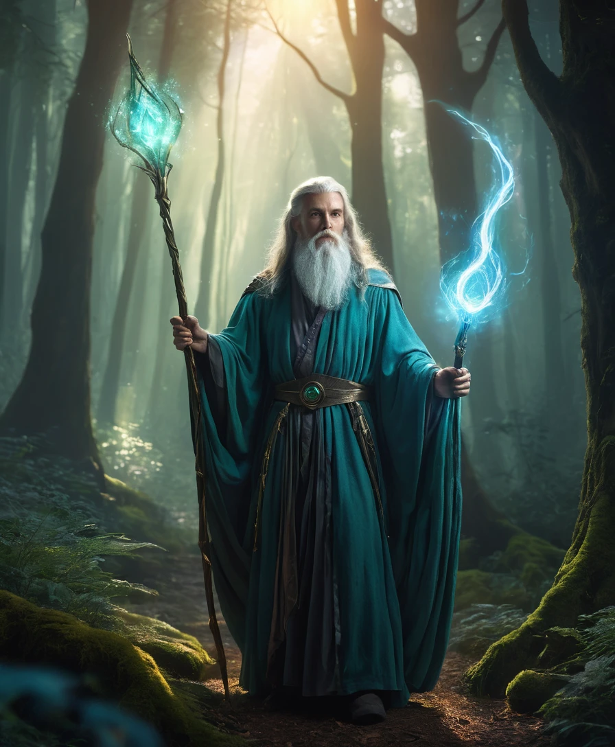 Fantasy wizard with glowing staff in mystical forest
