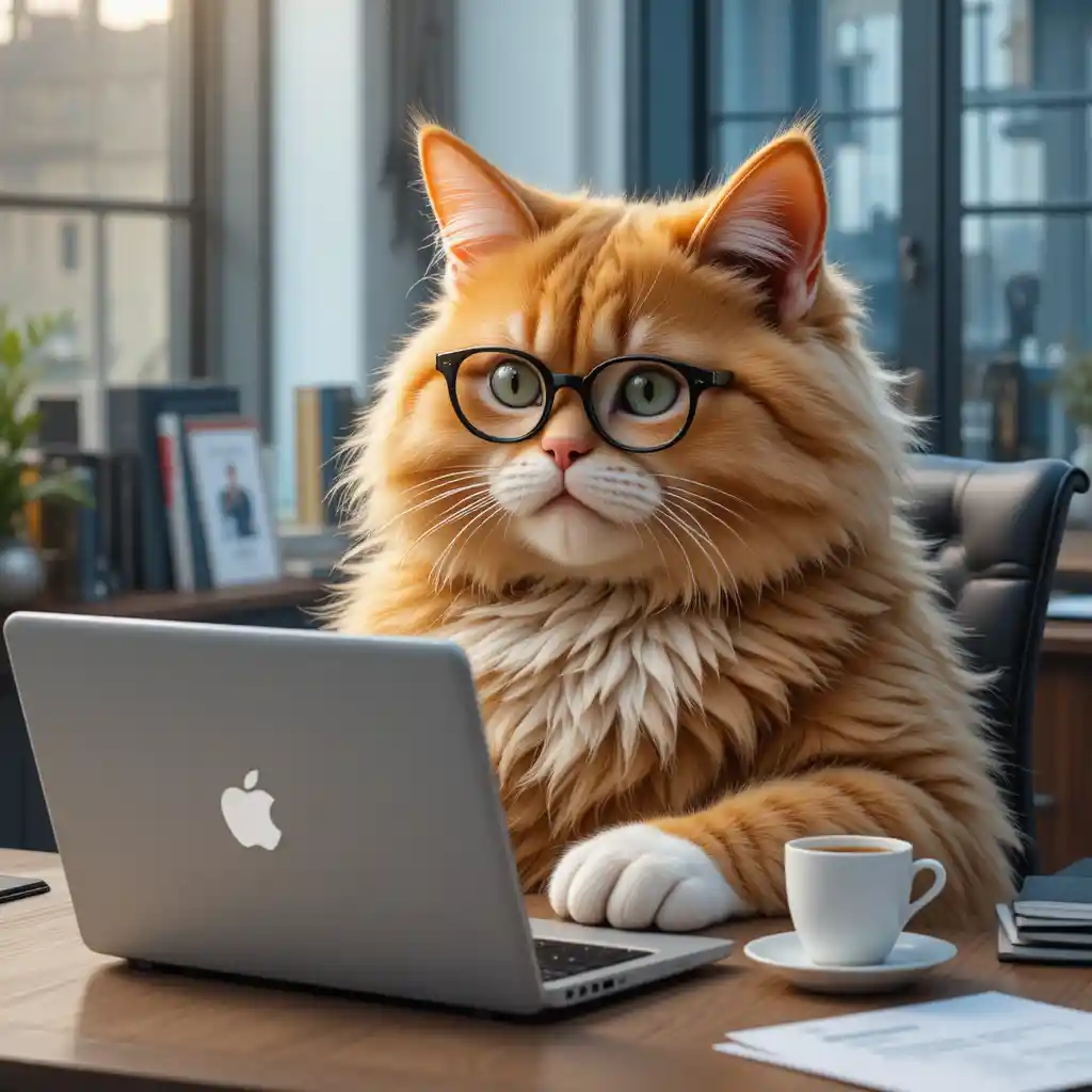 Orange cat with glasses typing at a modern office desk