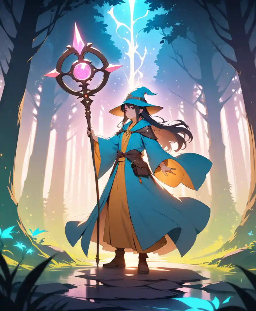 Fantasy wizard with glowing staff in mystical forest