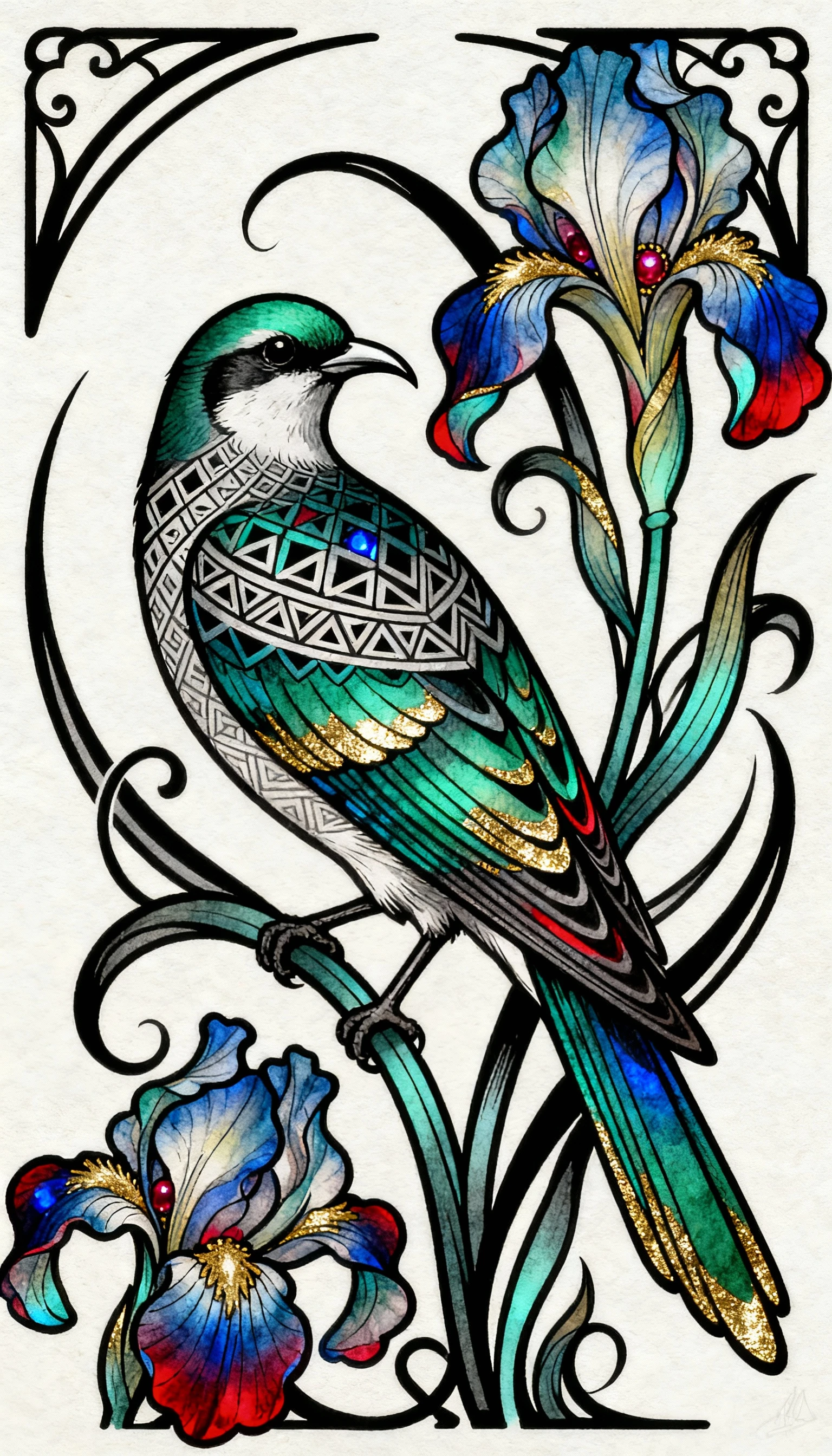 Ilustración neotradicional de ave con elementos florales decorativos