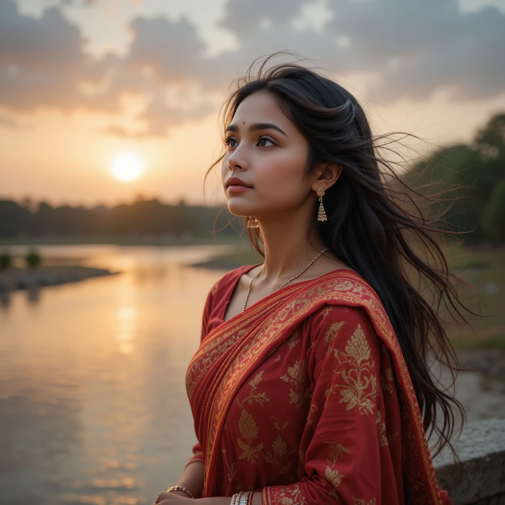 Hopeful girl in Rajasthani saree by a windy riverside sunset