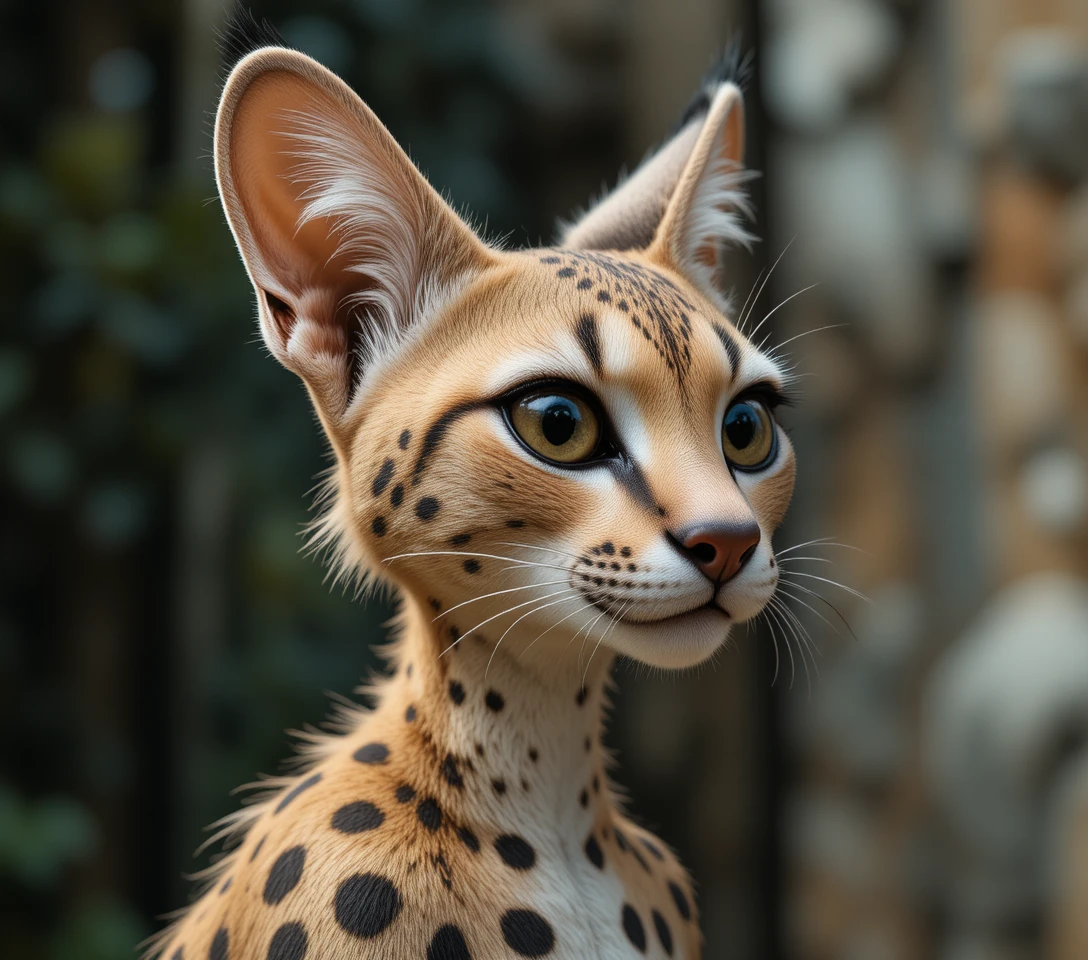 Close up portrait of a wild serval with alert gaze