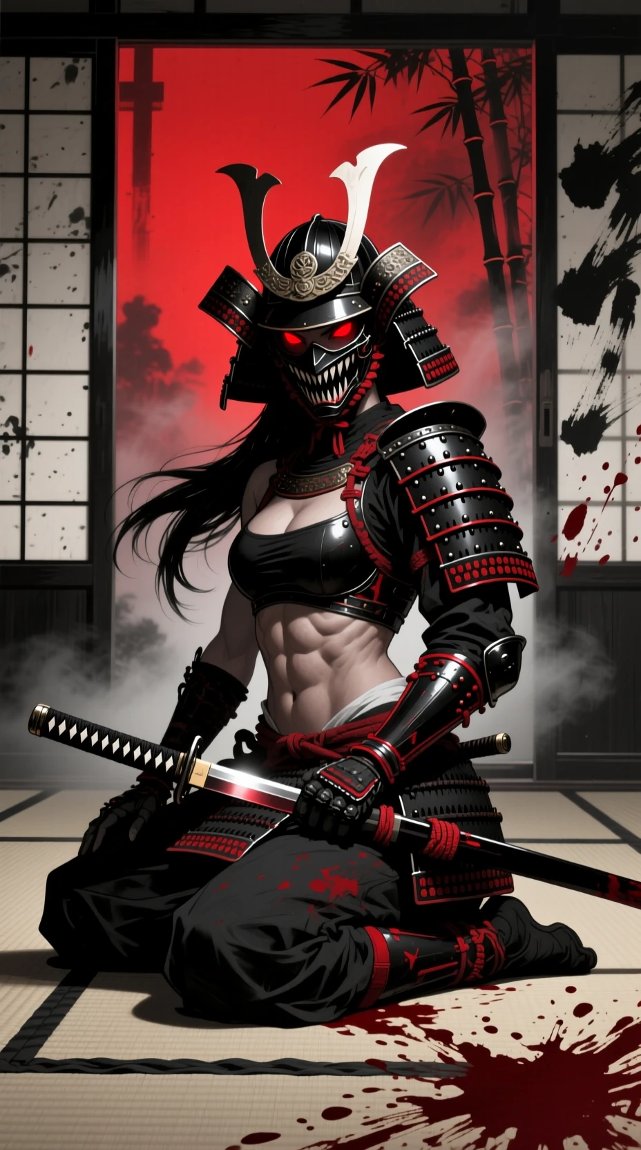 身披盔甲的武士女子坐在陰影籠罩的榻榻米上