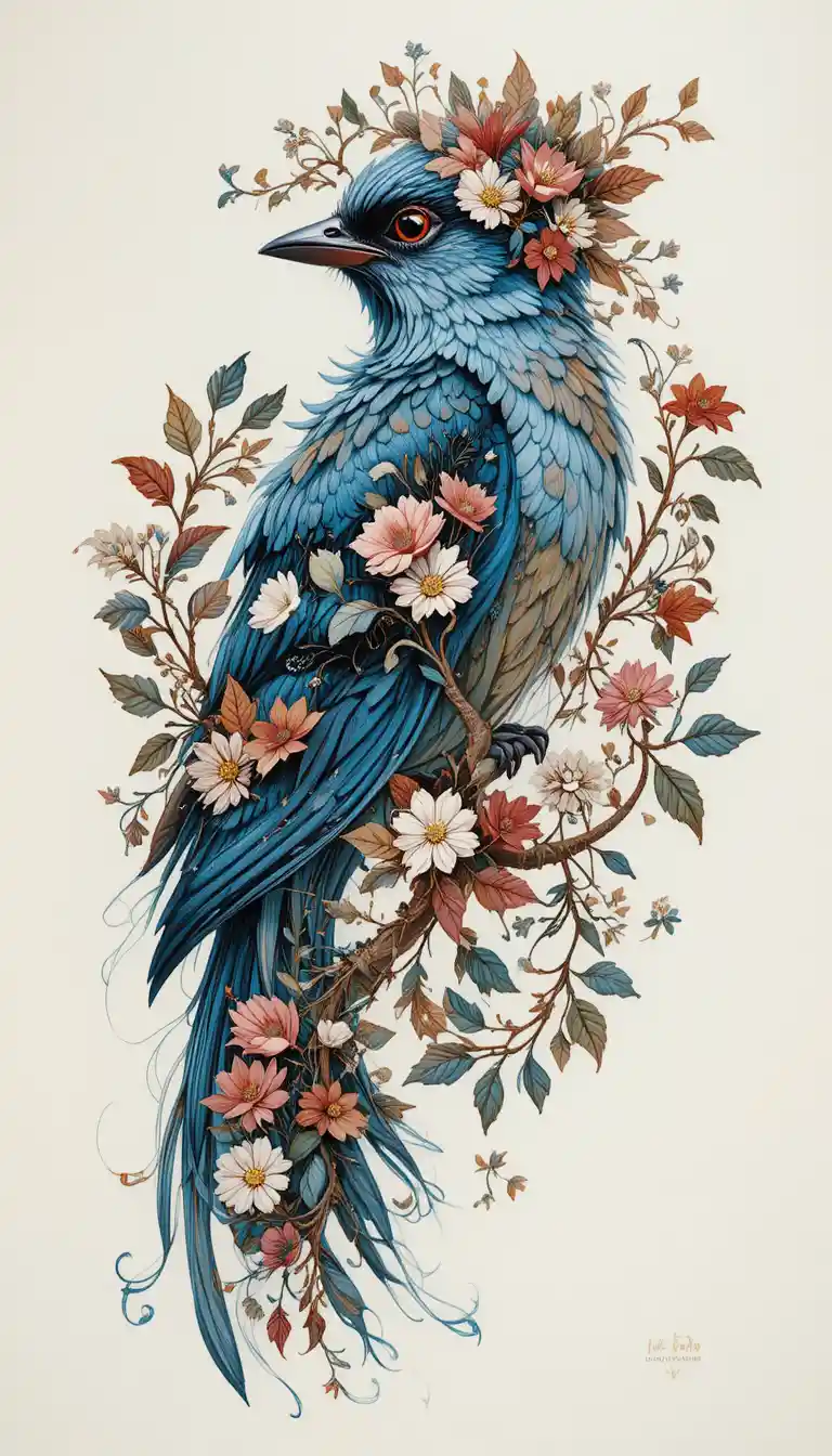 Neotraditional bird illustration with decorative floral elements
