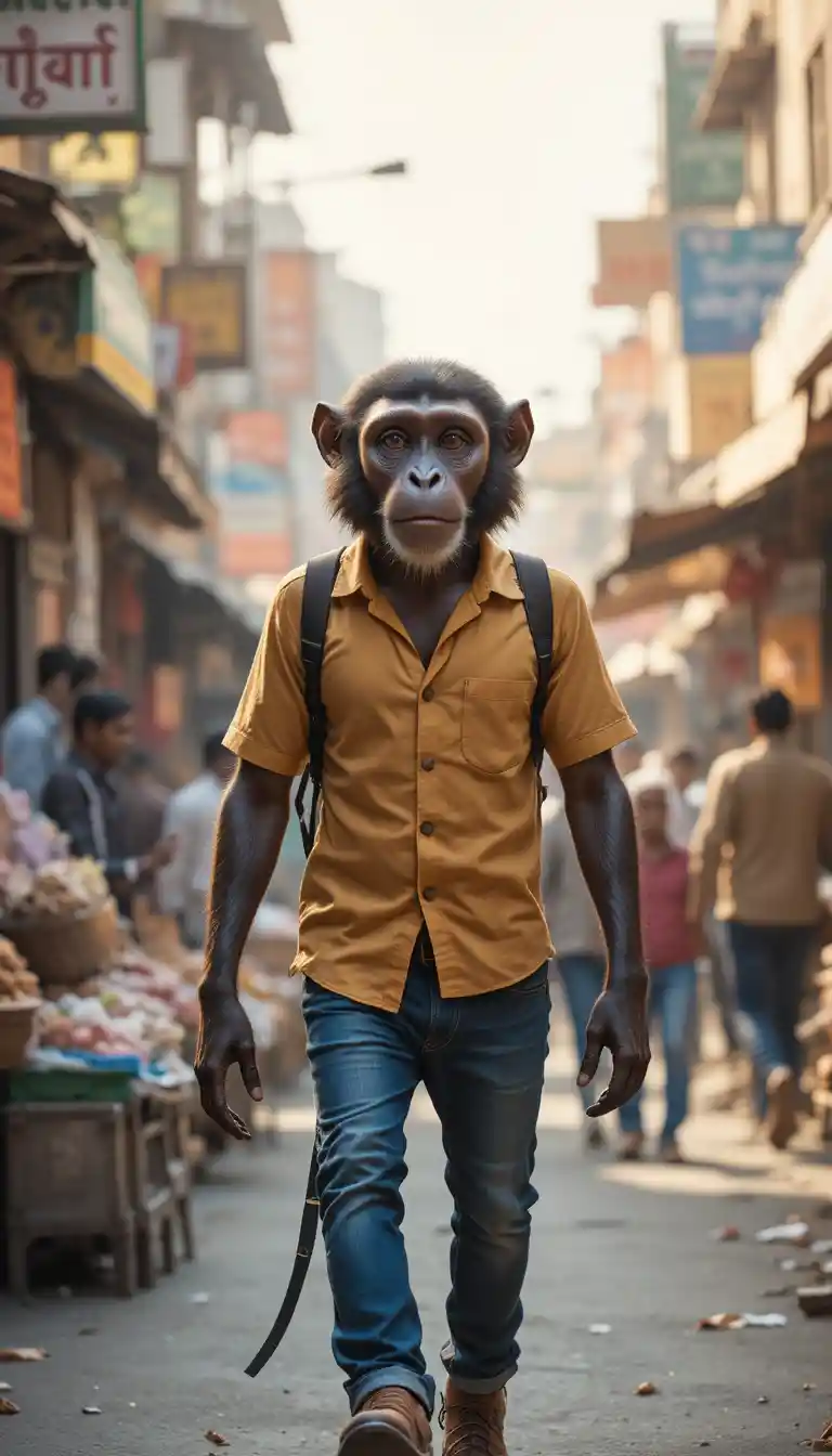 Anthropomorphic monkey walking through busy Indian street market