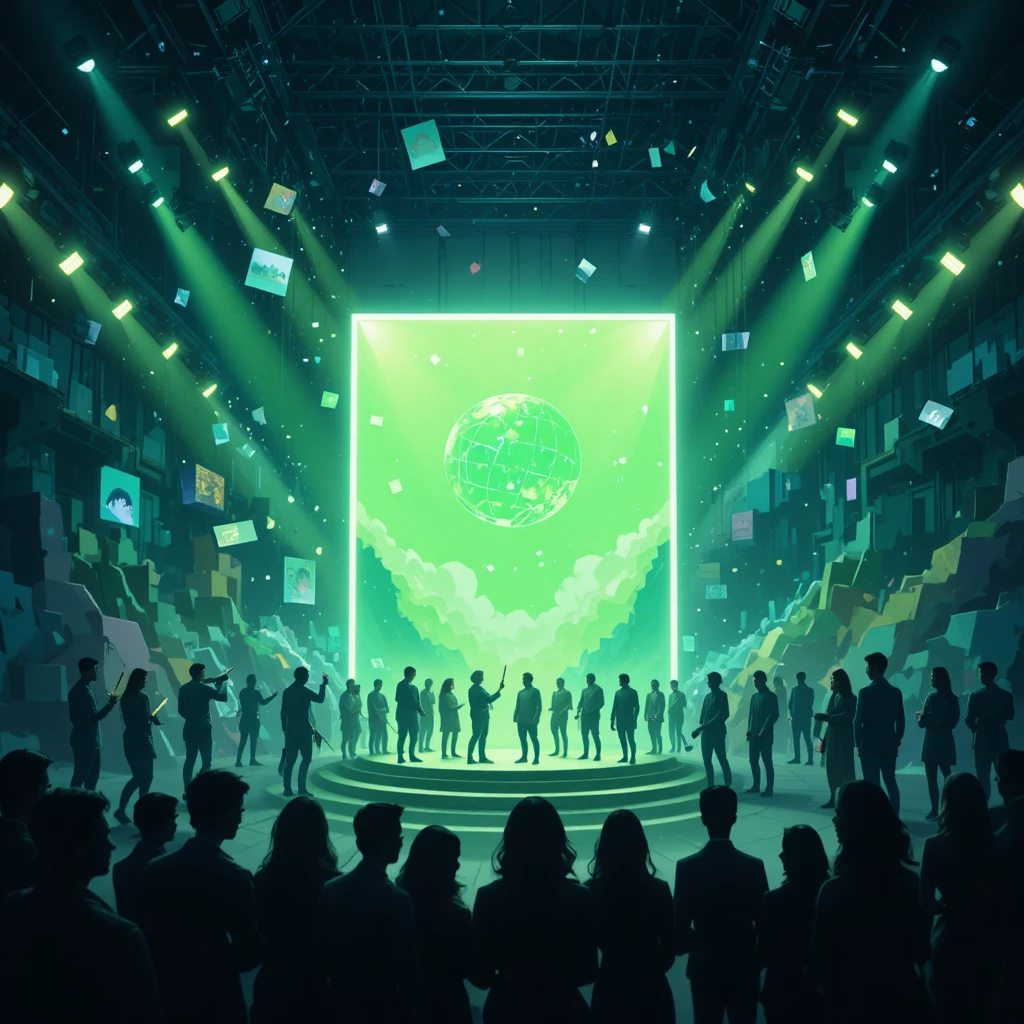Artisti attorno a un portale verde luminoso verso un mondo fantasy a pixel
